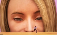 blonde running shrunken_man point_of_view running_away looking_at_tiny digital_render jamesmason0 kendalthegiantess i-see-you