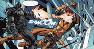 drawing giantess mega comic color destruction clothed giganta red_hair mini_giantess fighting falling batman costume belt jumpsuit zipper dc_comics laser_blast deathstroke