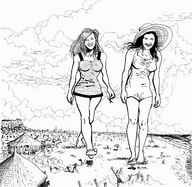 drawing giantess crush monochrome handheld barefoot unknown_artist foot_crush village walking giantesses dangle under_foot