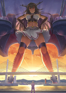 drawing giantess panties upskirt black_hair color bridge skirt military pantyshot brown_eyes belly uniform standing sky cloud_strife sunset military_uniform looking_at_viewer cannon hands_on_hips harbor kantai_collection kuro_oolong admiral gauntlets antennae machinery thigh_strap nagato_(kantai_collection)