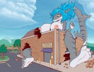 breasts drawing growth giantess tail color large_breasts destruction barefoot buildings blue_hair outgrowing_building unknown_artist mountains source_needed shark_girl