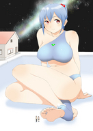 drawing giantess feet size_difference color red_eyes blue_hair sitting night houses toe_ring bikuta