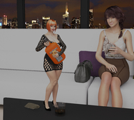 cleavage high_heels skyline asian drink shrunken_woman waitress braid white_blouse tight_dress digital_render lycra_skirt purses
