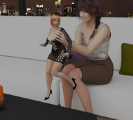 breasts nipples gentle handheld cleavage high_heels smiling skyline asian red_hair shrunken_woman night braid sofa digital_render lycra_skirt
