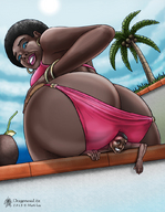 gentle butt swimsuit butt_crush smiling sitting dragonesslife drink shrunken_man dark_skin palm_tree looking_back afro mark_lee