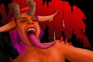 drawing giantess nude horns color tongue pink_hair demoness hell pre_vore long_tongue closed_eyes earrings long_ears hanging_on jimmypootron