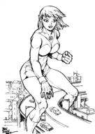 drawing giantess city mega alien monochrome cleavage skirt gloves boots parody looking_down highway vehicles straddling costume rings green_lantern attack_of_the_50_foot_woman pointed_ears dc_comics dogsupreme arisia_rrab
