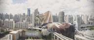 collage city mega long_hair destruction clothed barefoot cleavage bra buildings brunette lying_down shorts laughing highway onlookers sweater analternateusername
