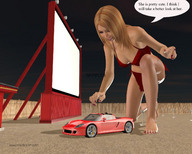 giantess blonde clothed barefoot bra kneeling manicure drive_in_theater hglocksm digital_render sports_car drive_in_theatre