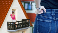 collage butt blue_eyes clothed cleavage skirt jeans brunette watch dollhouse shrunken_woman looking_up tattoo necklace hands_on_hips