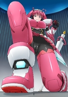 drawing giantess micro color large_breasts armor ochiko_terada green_eyes pink_hair looking_down hand_crush mecha_musume looking_at_tiny virtual_on fei-yen