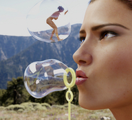 face shrunken_woman close_up outdoors bubble looking_at_tiny digital_render