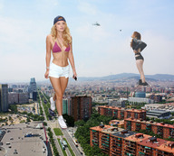 breasts giantess city blonde bra buildings helicopter shoes blood phone short_shorts walking giantesses streets smoke looking_up hat crushed_people bella_thorne crushed_street dani_thorne