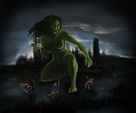 breasts drawing nipples giantess nude city color handheld toes barefoot unknown_artist navel battle belly looking_down thighs sky green_giantess source_needed looking_at_tiny