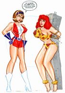 drawing giantess mega color large_breasts barefoot buildings green_eyes brunette brown_eyes giganta gloves red_hair boots giantesses restrained doom_patrol belt dialogue joe_gravel leopard_print no_background dc_comics elasti-girl rita_farr