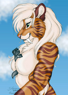 drawing gentle giantess furry wolf anthro size_difference color green_eyes fang looking_down tigress notveryathletic kashmere between_breasts
