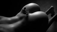 monochrome butt barefoot kneeling shrunken_man standing back digital_render lfcfan