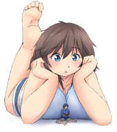 drawing gentle size_difference color blue_eyes barefoot brunette lying_down looking_down no_background みとん miton