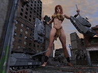 breasts giantess feet city mega destruction handheld barefoot rampage bra angry tank giganta red_hair muscles abs fighting leopard_print digital_render dc_comics loincloth