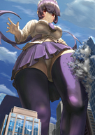drawing giantess panties city color destruction buildings purple_hair red_eyes pantyshot uniform uru skullgirls samson parasite filia_medici