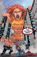 drawing giantess city mega comic color large_breasts destruction gun green_eyes jeans giganta red_hair muscles rubble looking_down belt dialogue yelling dc_comics dust_clouds pistol sound_waves s.h.a.d.e. bare_midriff vandal_savage