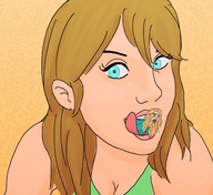 drawing vore color long_hair blue_eyes shrunken_woman inside_mouth on_tongue observer