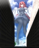 panties wings mega upskirt destruction red_eyes stockings red_hair unknown_artist foot_crush demoness looking_down smoke source_needed digital_render