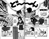 breasts drawing nipples comic monochrome black_hair barefoot anime story crawling unaware shrunken_man falling bathroom breast_worship trapped_inside_robe