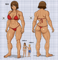 drawing gentle color long_hair butt swimsuit blue_eyes clothed barefoot cleavage anime brunette brown_eyes mini_giantess muscles scale size_comparison looking_at_viewer big_butt hand_on_hips swim_trunks