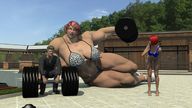 giantess swimsuit barefoot red_hair lying_down unknown_artist muscles amazon weights outdoors digital_render