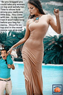 collage long_hair clothed brunette dress surprised shorts pool shrunken_man sunglasses grasping shirt squeezemeflat looking_at_tiny