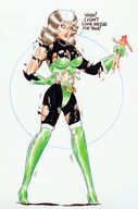 drawing growth giantess mega color clothed handheld high_heels brunette brown_eyes giganta red_hair boots surprised costume belt ripped_clothing joe_gravel x-men leopard_print no_background dc_comics marvel_comics rogue_(x-men) hair_streak