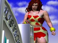 giantess handheld bra giganta red_hair looking_down costume manicure wonder_woman leotard leopard_print sarong digital_render hall_of_justice