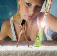 breasts nipples collage nude blonde black_hair butt barefoot cleavage bra green_eyes legs shrunken_woman looking_down standing necklace shrink_gun lens_flare green_light