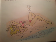 drawing giantess blonde color swimsuit beach green_eyes lying_down vehicles crowds