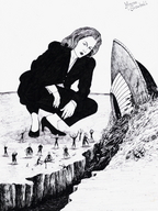 drawing size_difference alien monochrome high_heels marcos_snowbell fire looking_down crouching ufo crash dana_scully gillian_anderson x-files