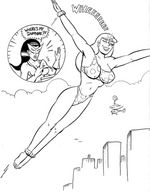 breasts drawing giantess mega monochrome large_breasts barefoot cleavage bra buildings helicopter giganta mask flying leopard_print dc_comics loincloth star_sapphire