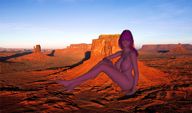 breasts nipples nude mega butt barefoot desert smiling pink_hair sitting looking_at_viewer digital_render bluffs