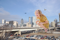 giantess collage city blonde high_heels helicopter vehicles crouching