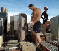 giantess collage city giant handheld barefoot hand airplane looking_down sunglasses helmet sports_outfit