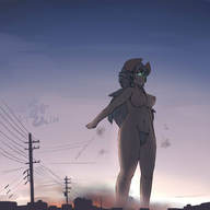 breasts drawing giantess nude color pubic_hair succubus demoness evening urban_area みとん miton