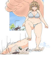 drawing giantess city mega color swimsuit destruction barefoot cleavage anime brunette foot_crush overweight みとん miton
