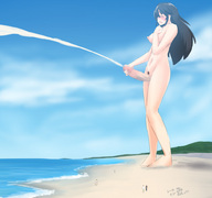 breasts drawing nipples giantess nude blushing black_hair color futanari cum penis beach toes barefoot navel belly open_mouth thighs ankles みとん miton
