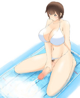 drawing giantess color futanari cum swimsuit penis barefoot cleavage soles brunette brown_eyes sitting navel belly pool looking_down thighs on_penis looking_at_tiny みとん miton