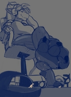 drawing furry monochrome tights shrunken_men foot_crush office unaware between_toes under_foot flip_flops relaxing perenthis kerneldecoy