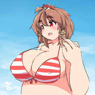 drawing gentle size_difference color beach cleavage anime huge_breasts brunette shrunken_woman sky bikini_bra みとん miton resting_on_shoulder