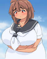 drawing gentle size_difference color cleavage anime huge_breasts brunette sky shirt みとん miton between_breasts