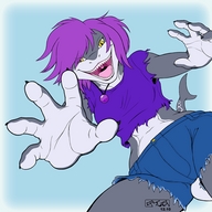 drawing furry macro color teeth low_angle pink_hair short_shorts reaching point_of_view looking_at_viewer looking_at_tiny robomax open_hand shark_girl