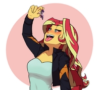 drawing vore color long_hair tongue blue_eyes clothed handheld skirt glasses red_hair shrunken_woman dangle jacket top my_little_pony twilight_sparkle sunset_shimmer equestria_girls humanized_pony