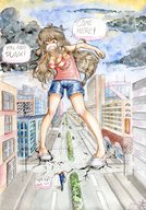 drawing giantess city color long_hair destruction clothed cleavage buildings angry brunette shorts running laughing foot_print streets clouds lucia top city_streets looking_at_tiny jay watercolor muffyma